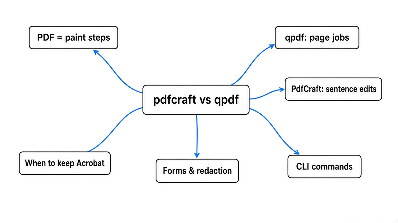 Simple mind map of pdfcraft vs qpdf: PDF as paint steps, qpdf for page jobs, PdfCraft for sentence edits, CLI commands, when to keep Acrobat