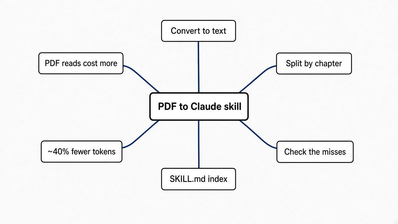 Mind map of turning a PDF into a Claude skill: PDF costs more tokens, convert to text, split by chapter, SKILL.md index, about 40 percent fewer tokens, what can go wrong
