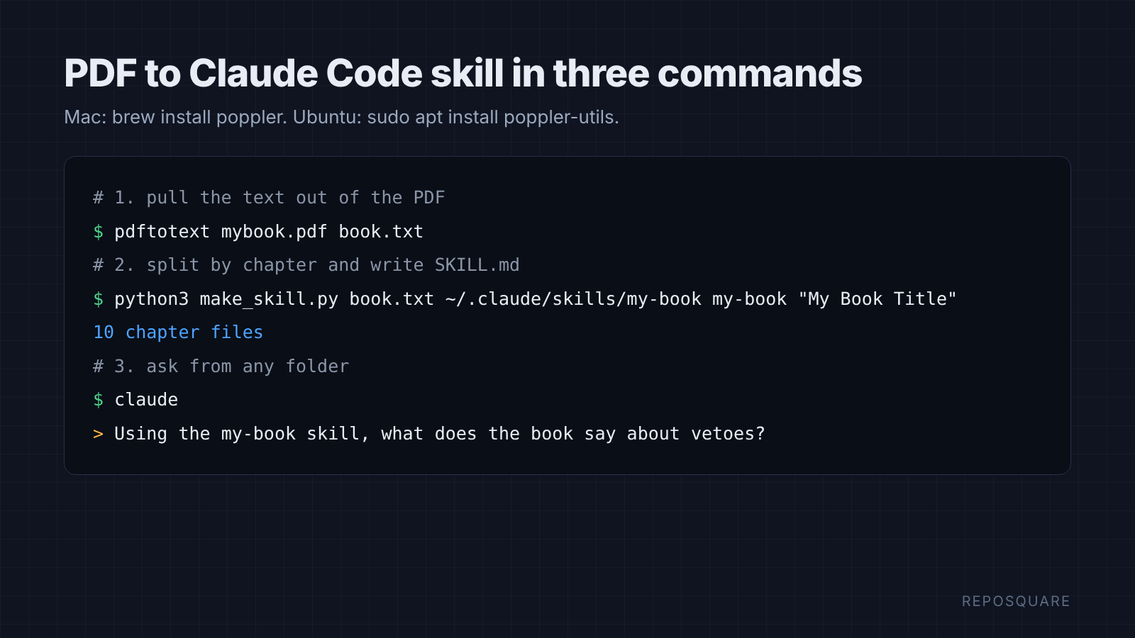 Three commands to turn a PDF into a Claude Code skill