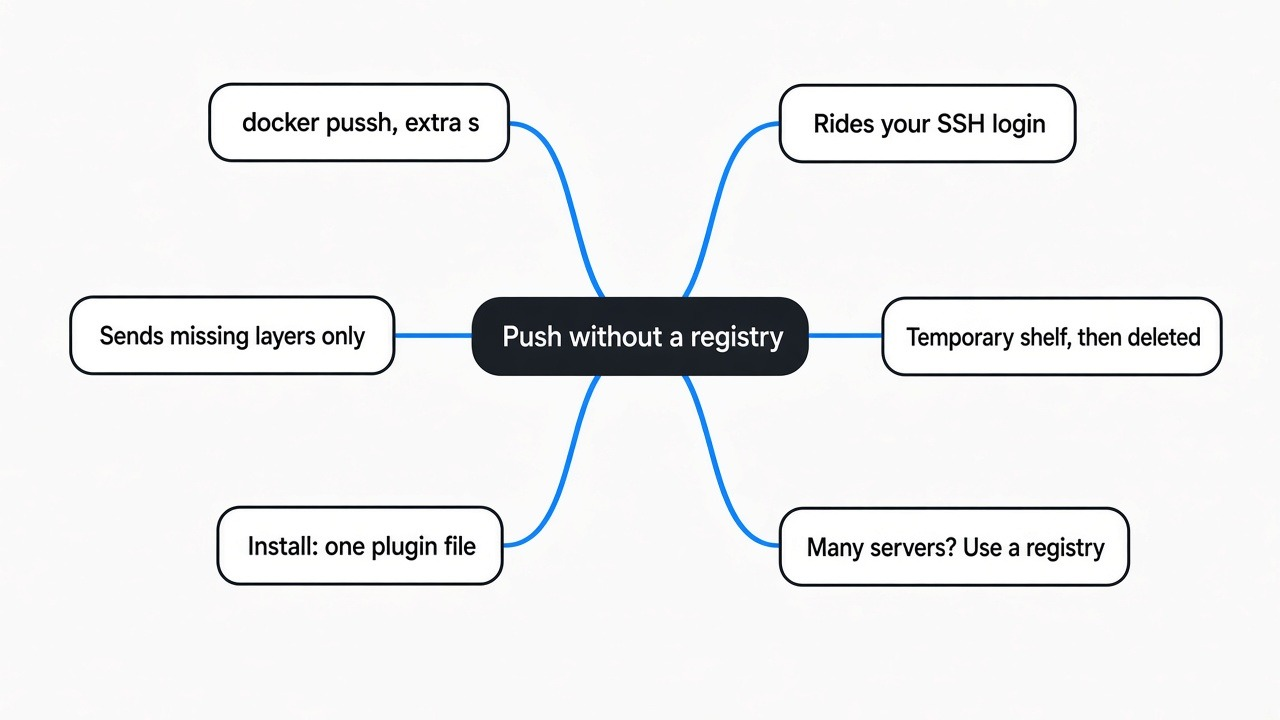 Simple mind map of pushing a Docker image without a registry: docker pussh, SSH tunnel, missing layers only, temporary shelf, install plugin, when a registry wins