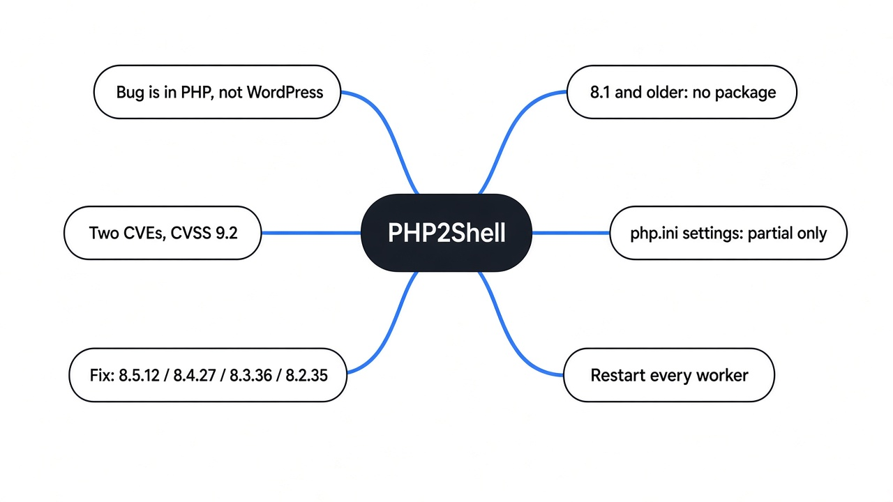 Mind map of PHP2Shell: a bug in PHP not WordPress, two CVEs, fixed in 8.5.12, 8.4.27, 8.3.36 and 8.2.35, no package for 8.1 and older, settings only partial, restart workers