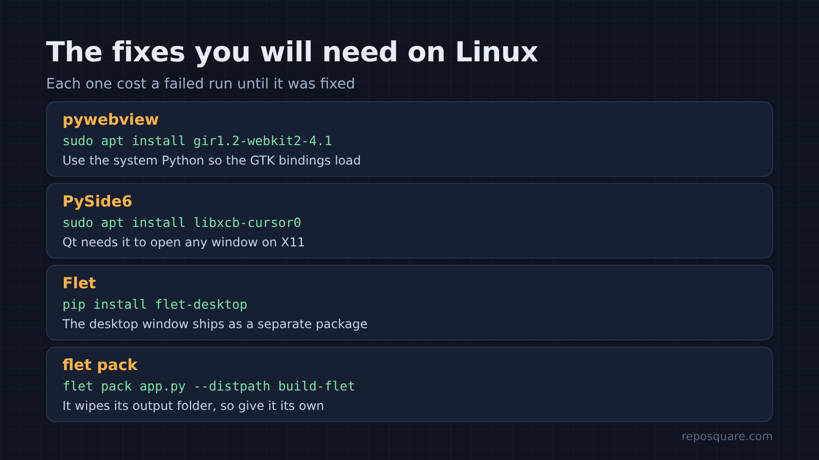 Linux install fixes for pywebview, PySide6, Flet and flet pack