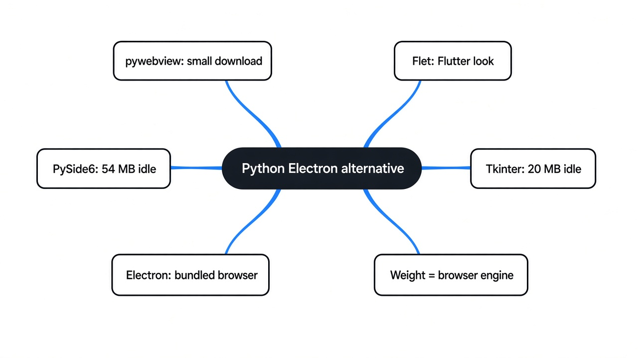 Simple mind map of Python Electron alternatives: pywebview small download, Flet Flutter look, PySide6 54 MB idle, Tkinter 20 MB idle, Electron bundled browser