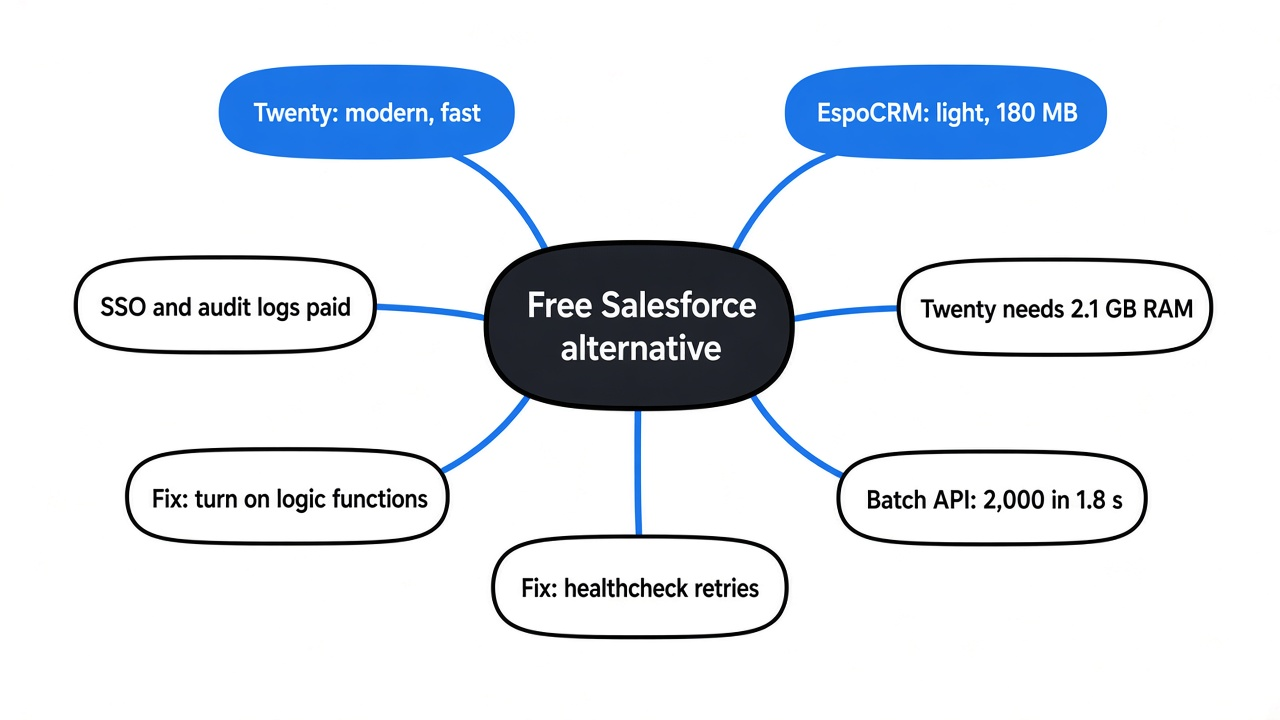 Mind map of the open source Salesforce alternative choice: Twenty, EspoCRM, RAM needs, API speed, two Docker fixes, paid features, pick by server size