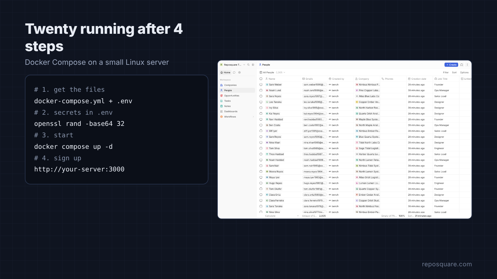 Twenty CRM people list with 2,000 test contacts after a Docker Compose install