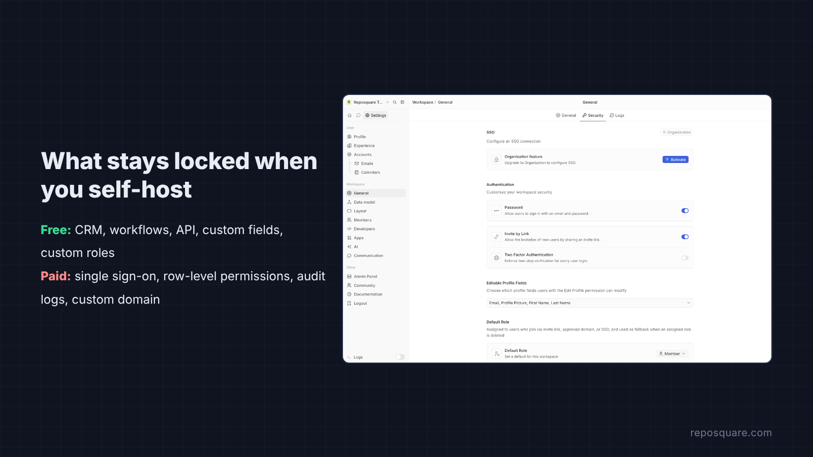 Twenty self-hosted security settings showing single sign-on as an Organization plan feature