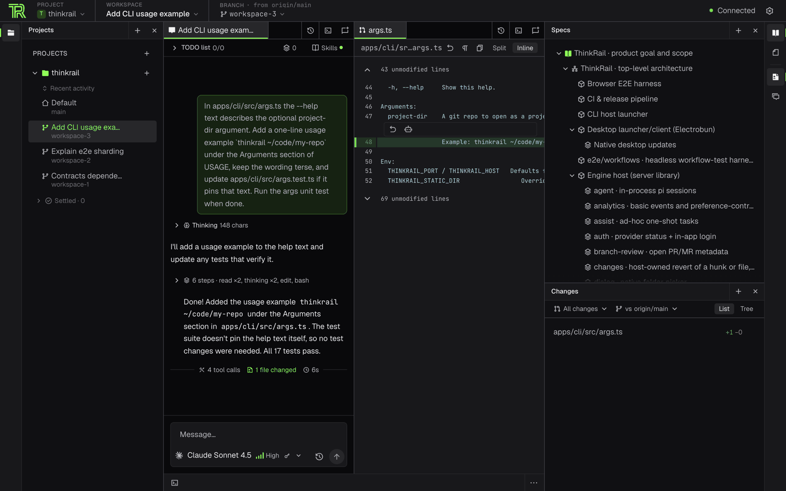 ThinkRail workbench: a project list, a chat, a code diff, and a spec tree