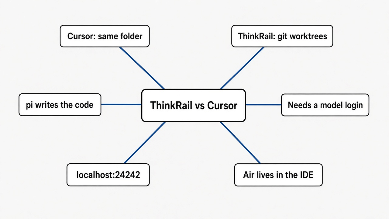 Mind map of ThinkRail vs Cursor: Cursor edits the open folder, ThinkRail uses worktrees, pi is the agent, needs a model login, localhost:24242, JetBrains Air