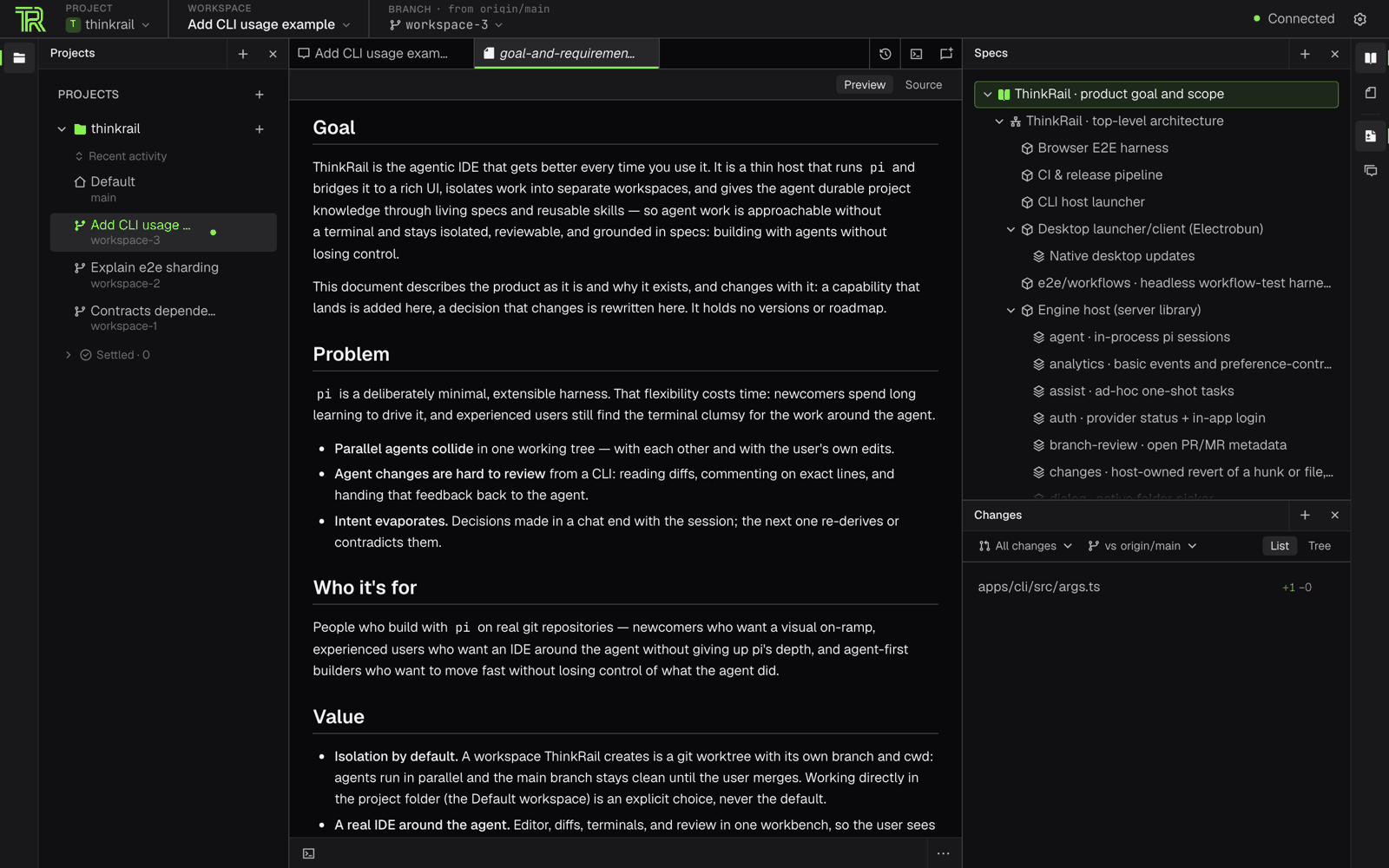 The spec list in ThinkRail, opened beside the editor