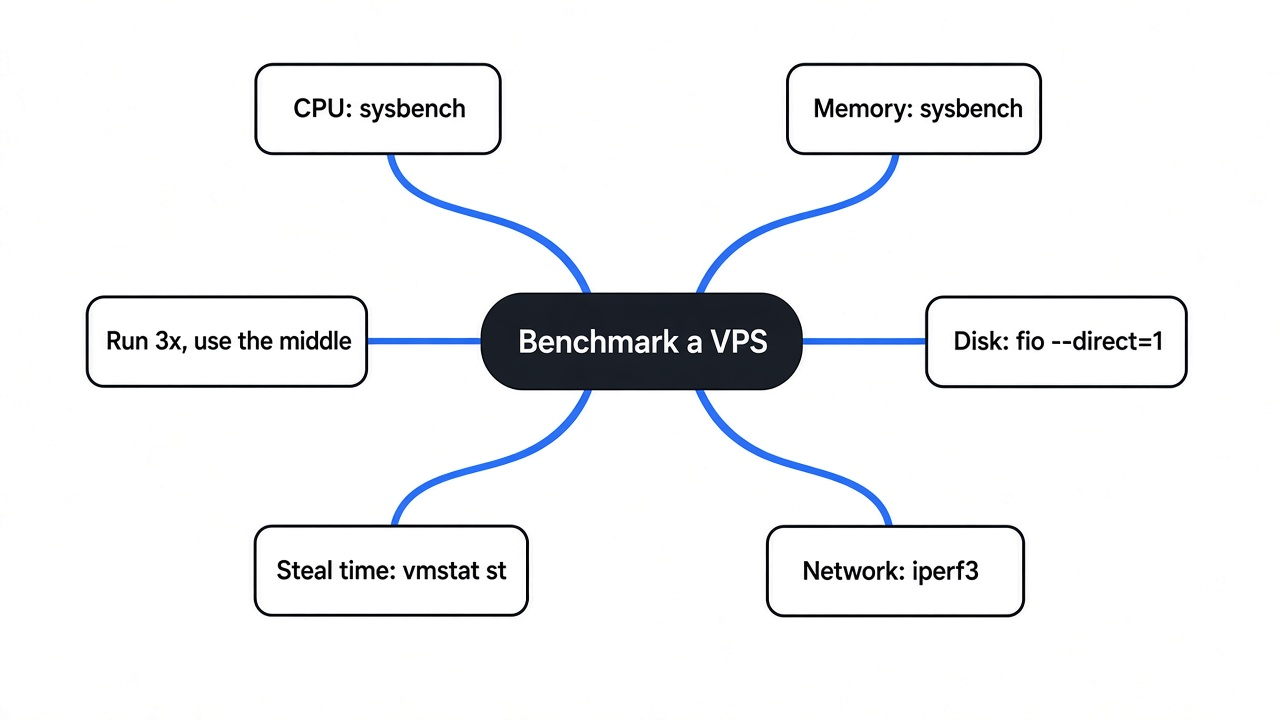 Mind map of how to benchmark a VPS: sysbench for CPU and memory, fio with direct I/O for disk, iperf3 for network, vmstat steal time, run each test three times