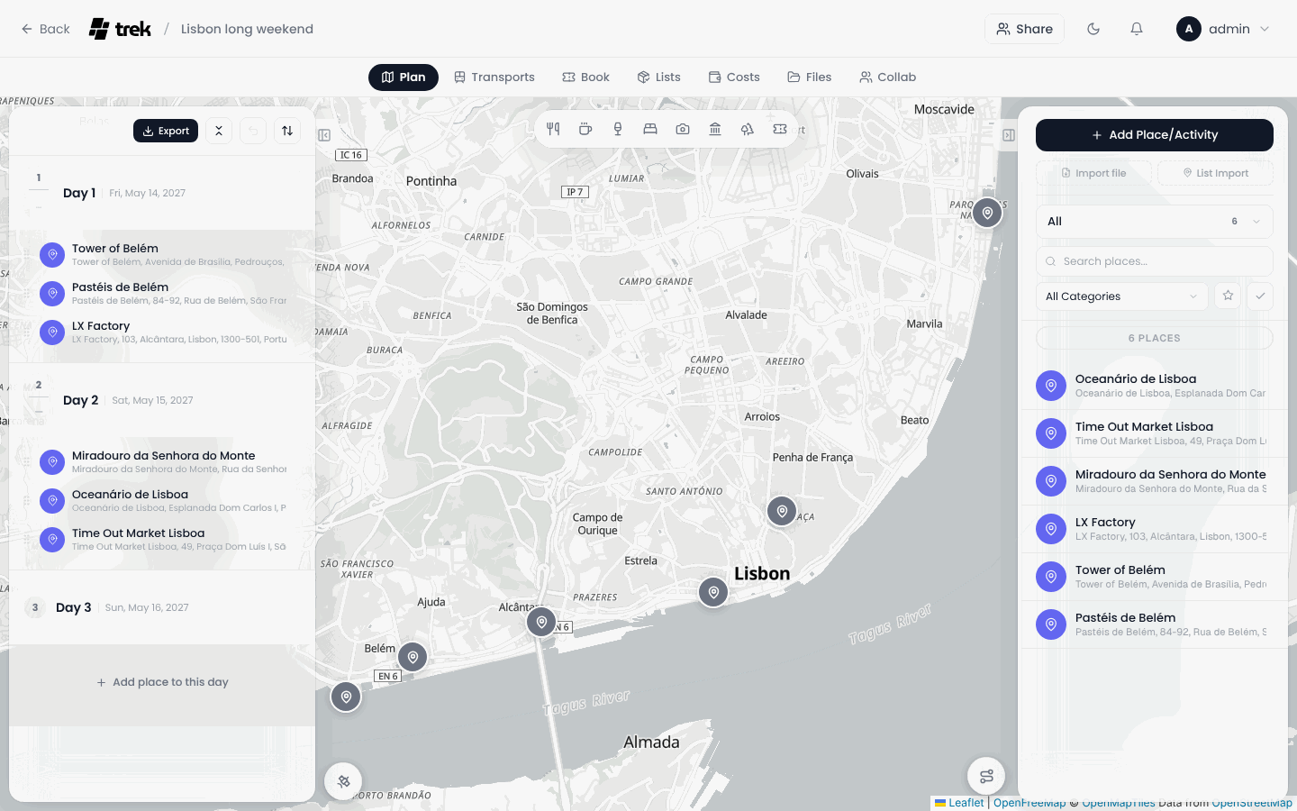 Open source Wanderlog alternative TREK showing a 3-day Lisbon trip with days, map and saved places