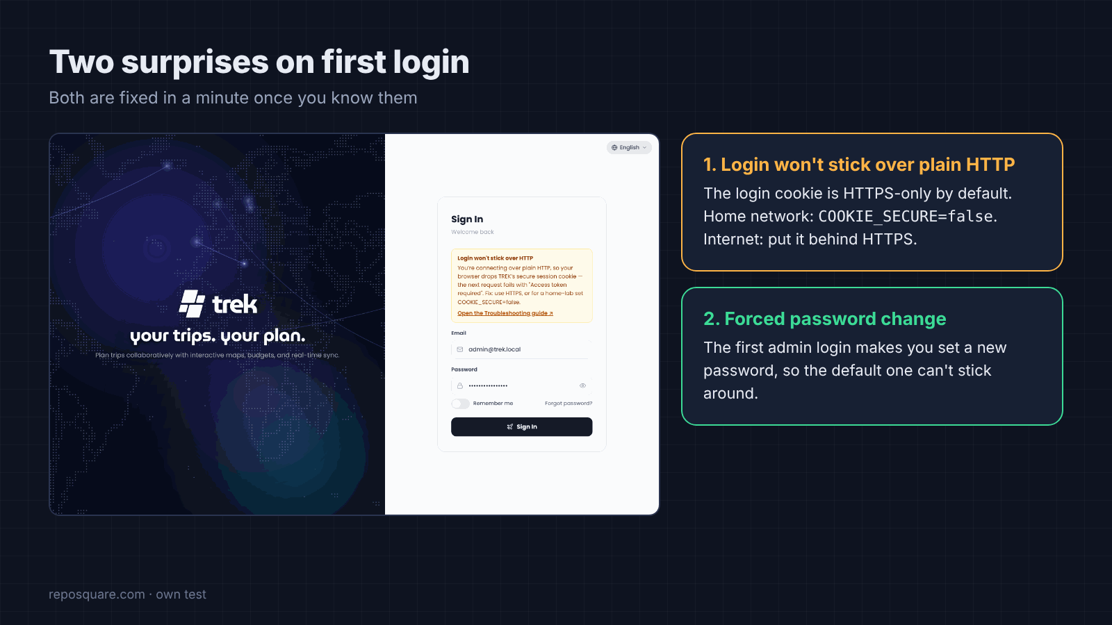 TREK login warning over plain HTTP and the COOKIE_SECURE fix