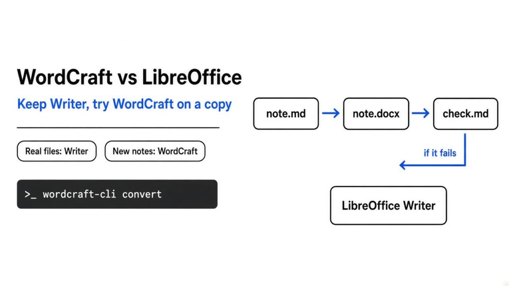WordCraft vs LibreOffice: keep LibreOffice Writer for files people already edit, use WordCraft for a new short note you read back before sending
