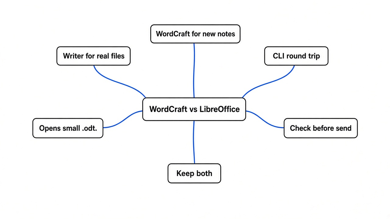 Simple mind map of WordCraft vs LibreOffice: Writer for real files, WordCraft for new notes, wordcraft-cli round trip, opens small odt, check before send, keep both