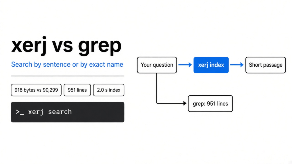 xerj vs grep: a sentence search with xerj returns a 918-byte passage that names the function, while grep on a common word prints 90,299 bytes
