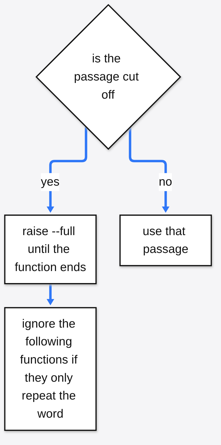 Stop a coding agent from reading whole files: if the xerj passage is cut off, raise --full until the function ends and ignore following functions that only repeat the word