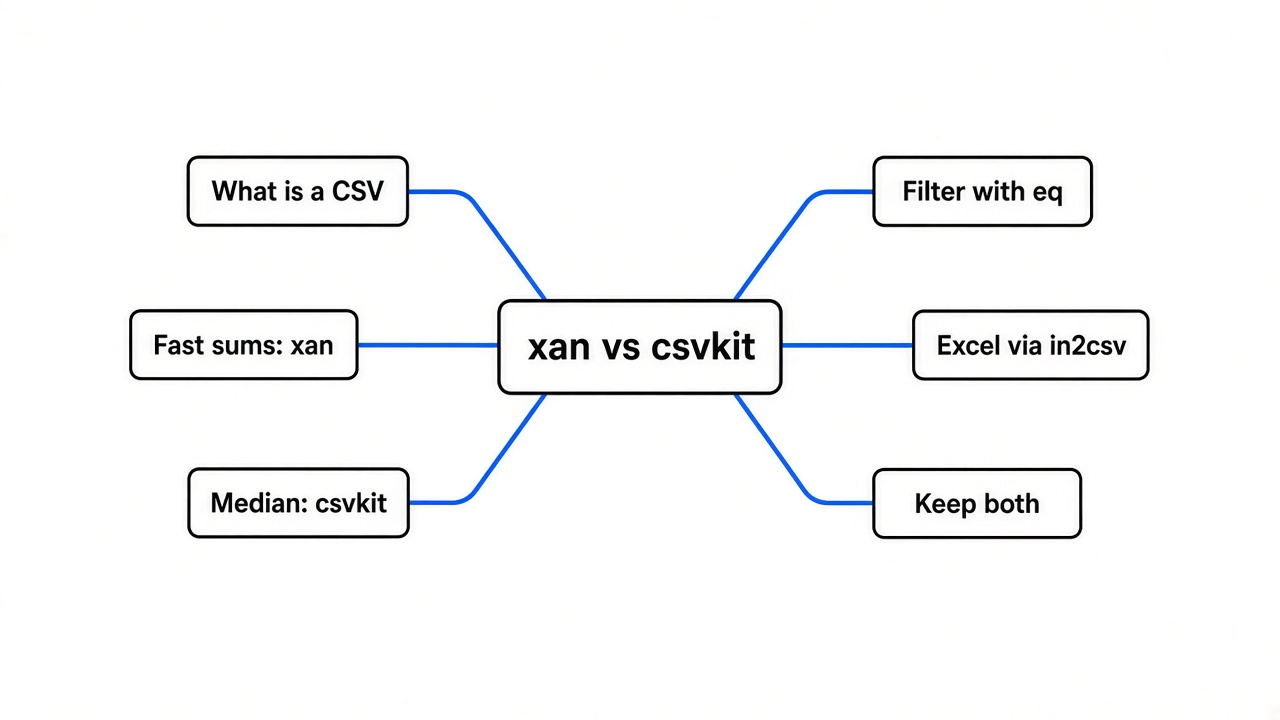 Simple mind map of xan vs csvkit: what is a CSV, fast sums with xan, median with csvkit, filter with eq, Excel via in2csv, keep both