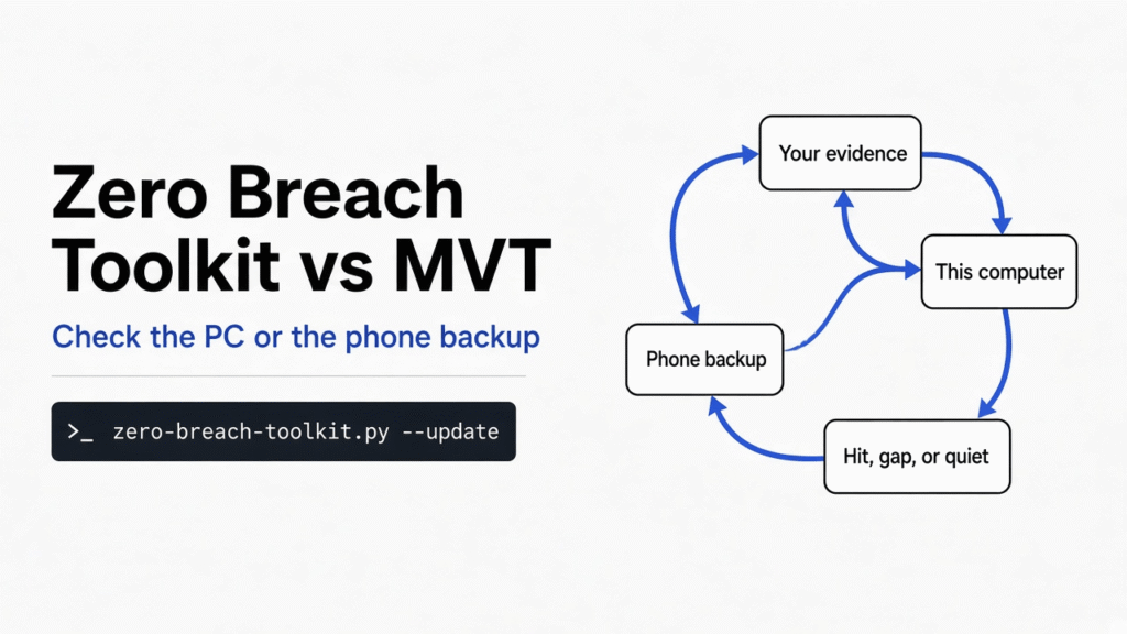Zero Breach Toolkit vs MVT: check this computer's browsers or a phone backup against published spyware clues