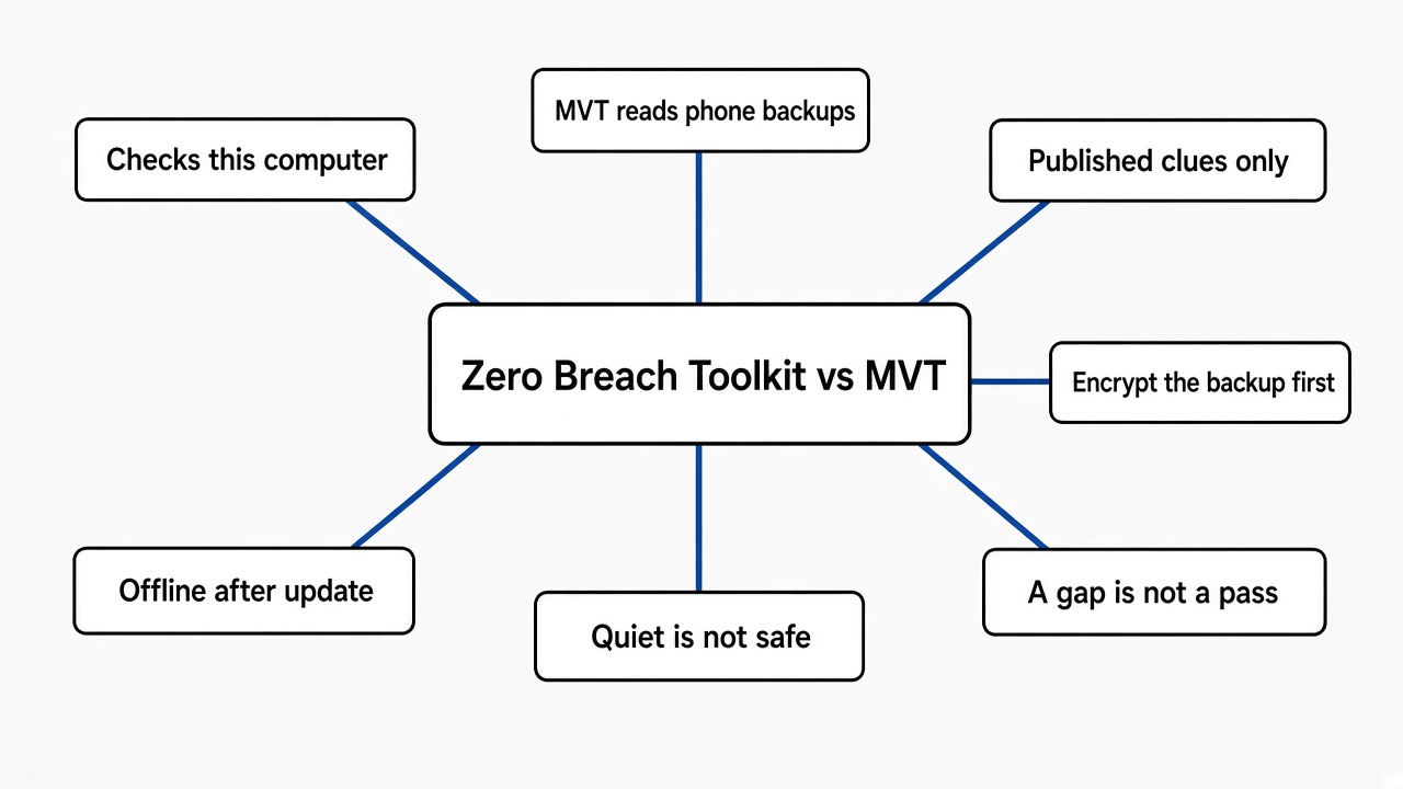 Mind map of Zero Breach Toolkit vs MVT: checks this computer, MVT reads phone backups, published clues only, encrypt the backup first, a gap is not a pass, quiet is not safe, offline after update
