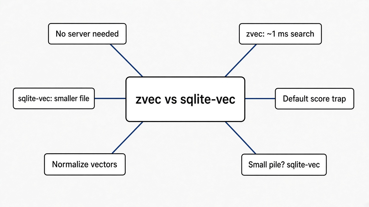 Mind map of zvec vs sqlite-vec: in-process search, zvec about 1 ms, sqlite-vec smaller file, default dot product trap, normalize vectors, no server