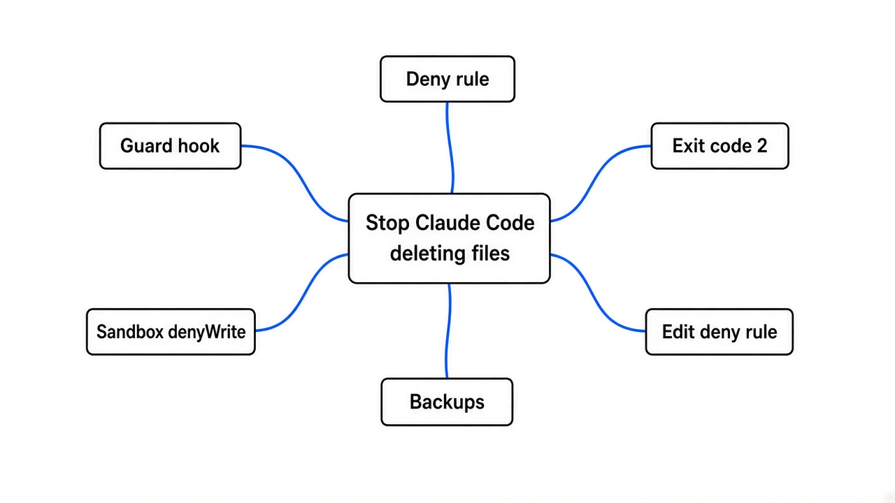 Simple mind map of how to stop Claude Code from deleting files: deny rule, guard hook, exit code 2, sandbox denyWrite, Edit deny rule, and backups
