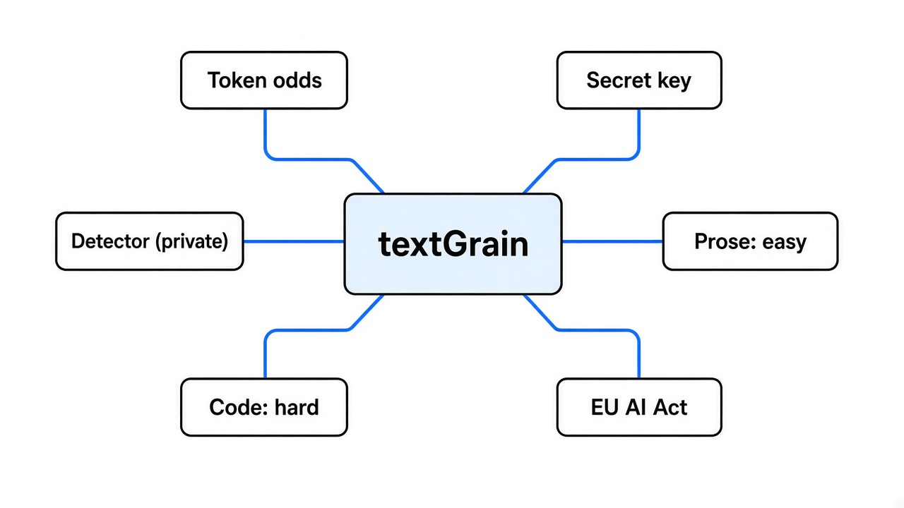 Mind map of the textGrain Codex watermark: tokens, secret key, tests, code, law
