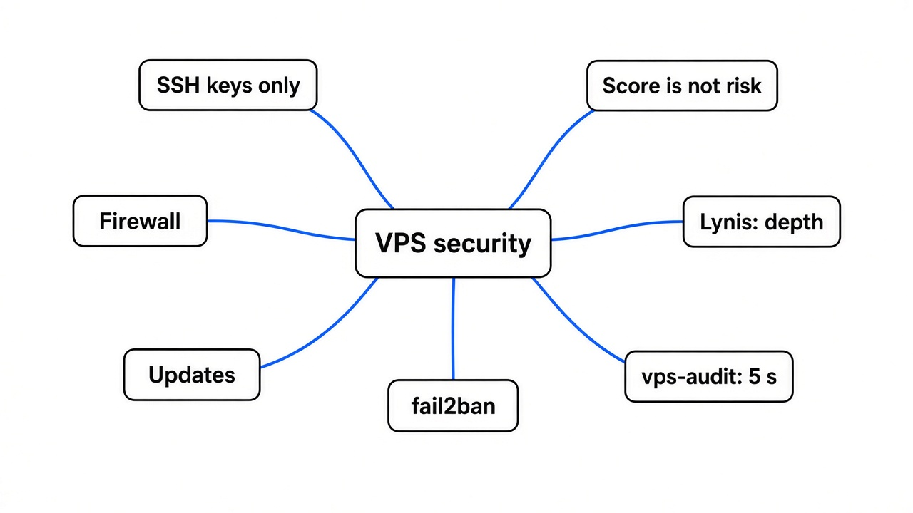 Simple mind map of VPS security: SSH keys only, firewall, updates, fail2ban, vps-audit 5 seconds, Lynis depth, score is not risk