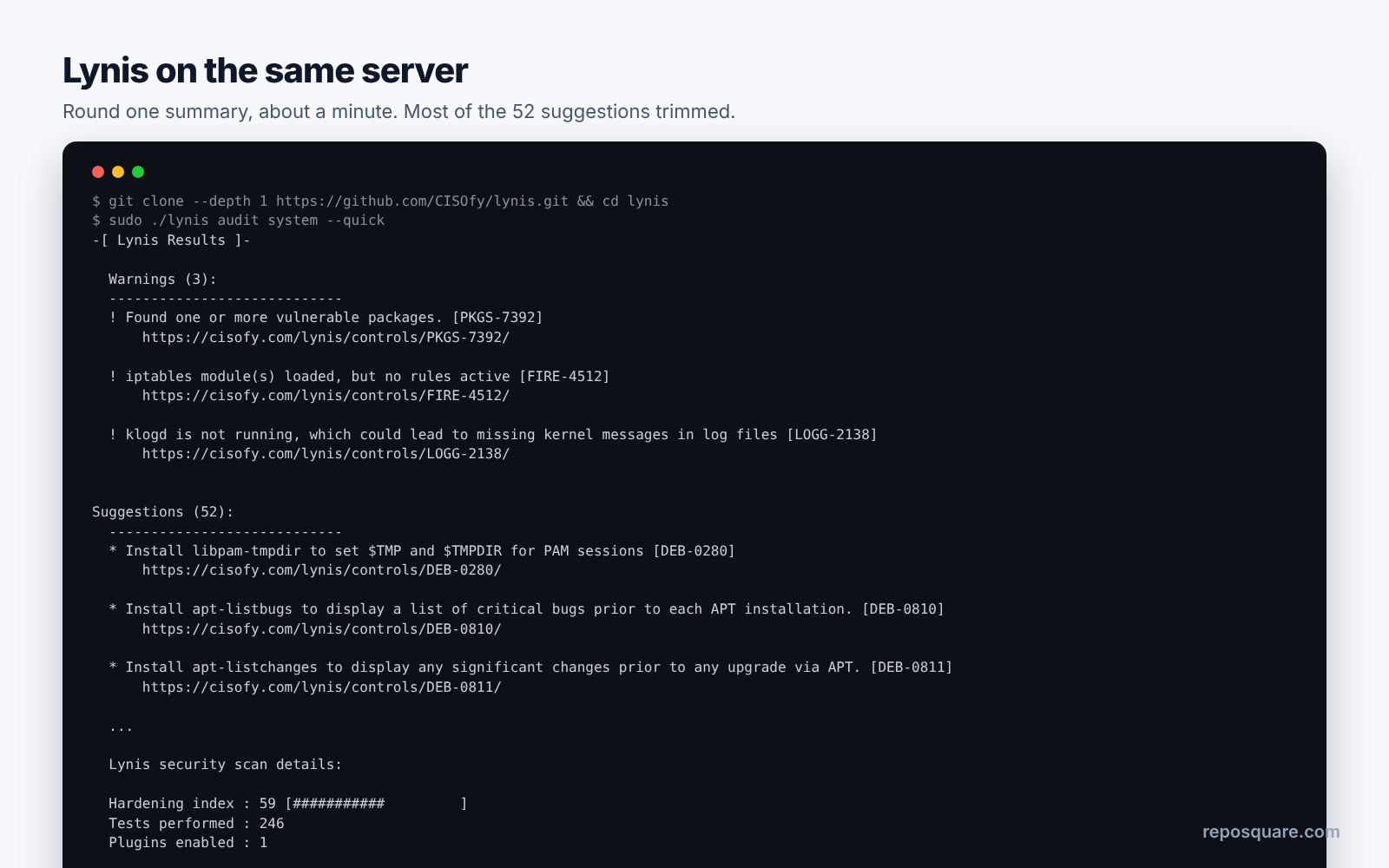 Lynis audit summary on a fresh Ubuntu server with hardening index 59 and three warnings
